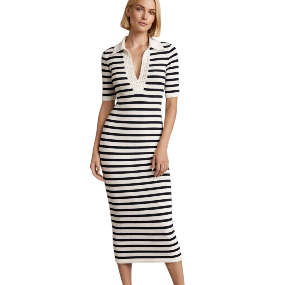 Caroline Constas Nautical Stripe Ribbed Knit Crochet Collar Midi Dress Sz S NWT